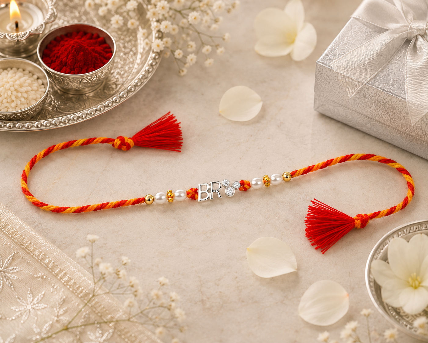 A braided Rakhi with red and yellow threads, white and gold beads, and a silver 'Bhai' charm, laid out on a beige surface with festive props including a silver gift box, flower petals, and traditional silver bowls.