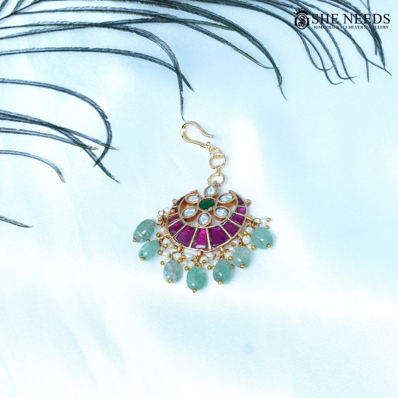 Pink kundan fan Tikka with mint bead drops by She Needs Jewellery
