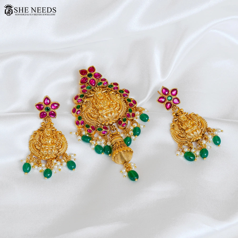 Lakshmi Temple Pendant Set with Green Drops & Earrings