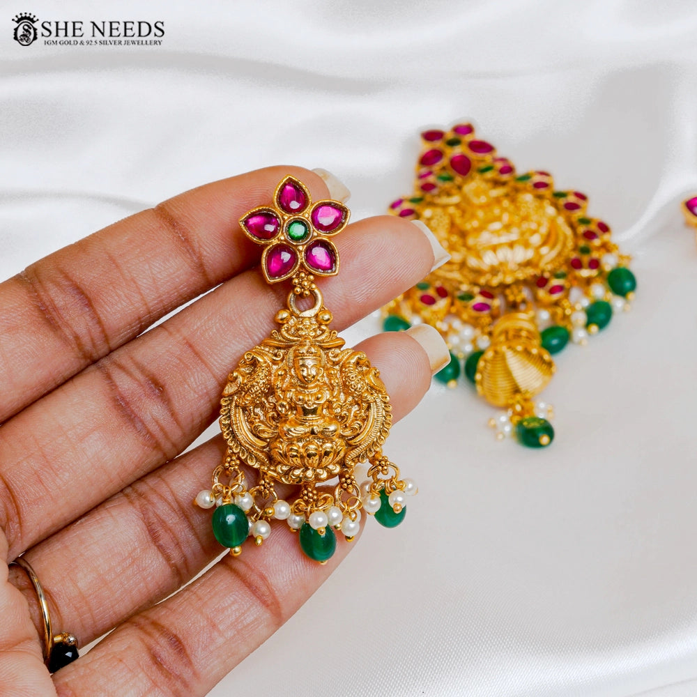 Lakshmi temple pendant set with green beads and earrings by She Needs Jewellery