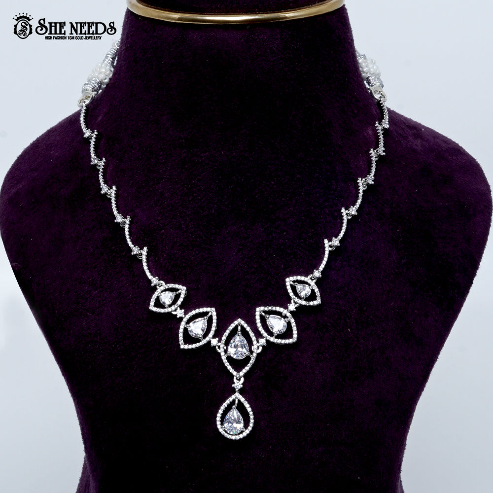 Midnight rhodium silver necklace with white stone teardrop design| She Needs Jewellery