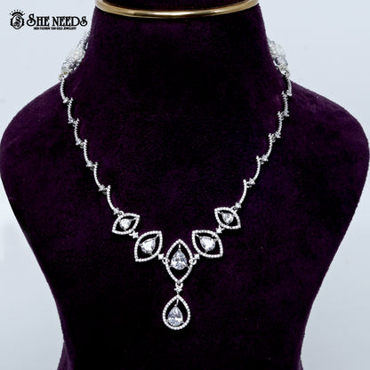 Midnight rhodium silver necklace with white stone teardrop design| She Needs Jewellery