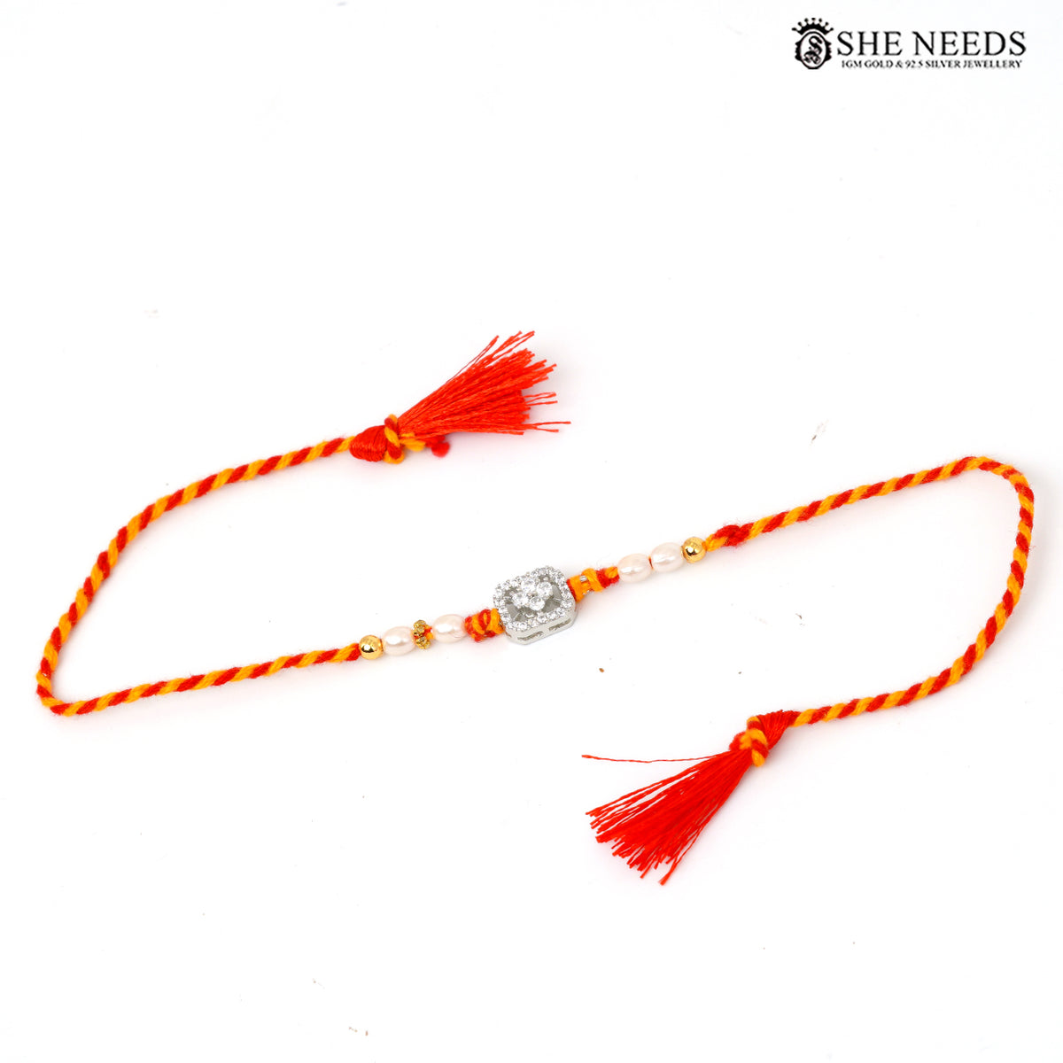 Silver Rakhi with Pearl Beads, CZ Stones & Red Yellow Thread