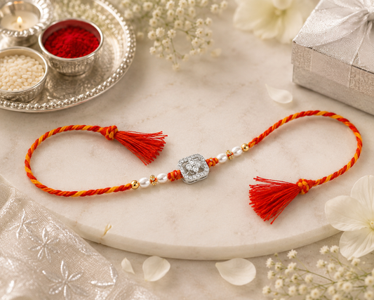 Elegant silver Rakhi with pearl beads, sparkling CZ stones and red-yellow braided thread for Raksha Bandhan.