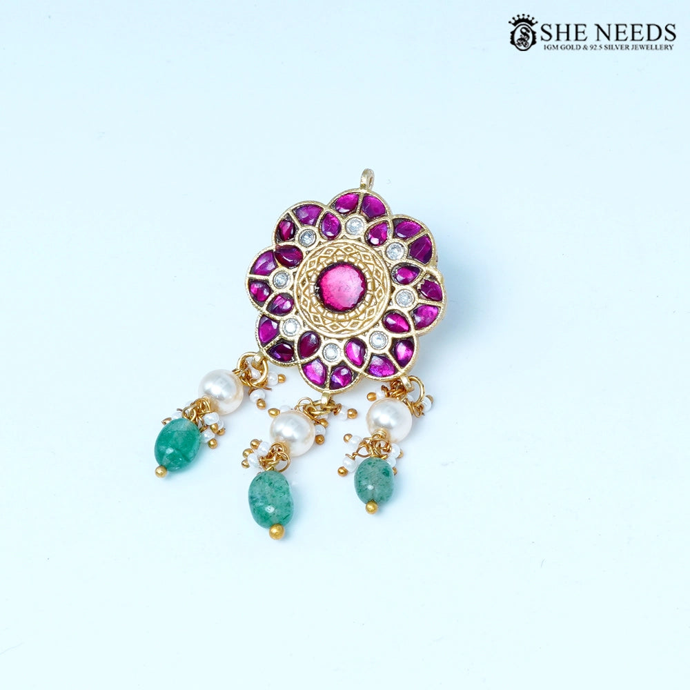 Pink kundan flower pendant with pearl and mint bead drops by She Needs Jewellery