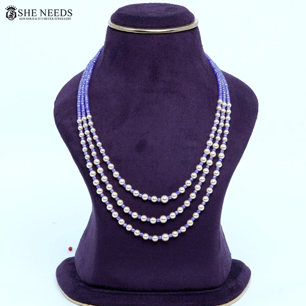 Classic Purple Swarovski pearls with C.Z  Beads Chain Necklace