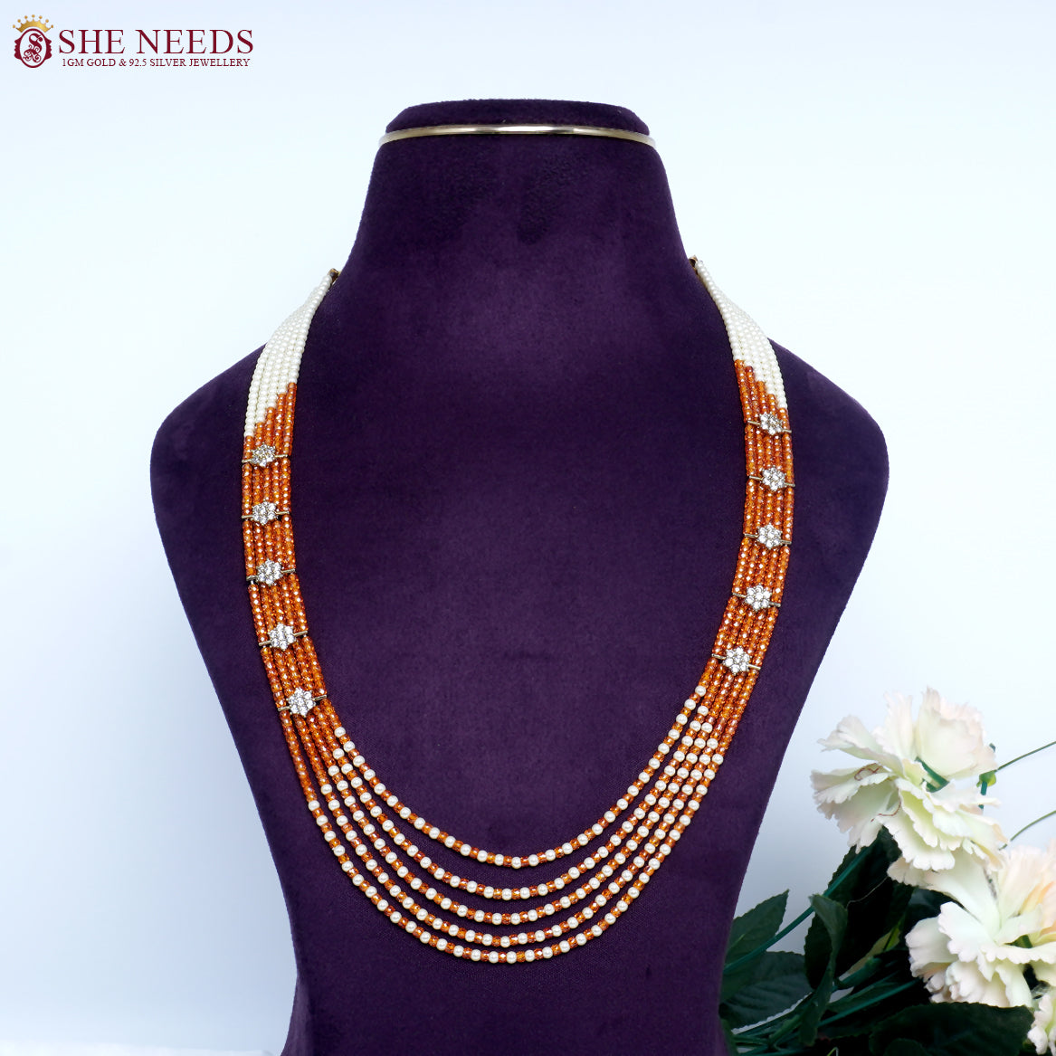 Ethnic Grace Orange Pearl Beads Necklace