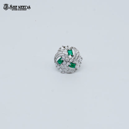 Silver green stone designer ring for women with crystal detailing