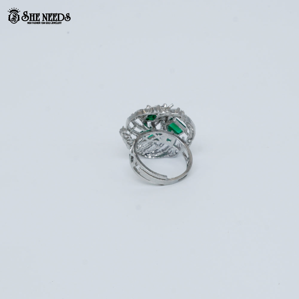 Silver green stone designer ring for women with crystal detailing