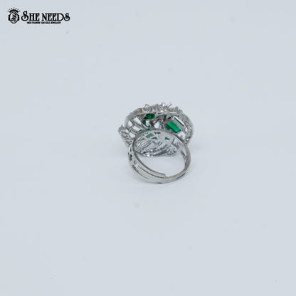 Silver green stone designer ring for women with crystal detailing