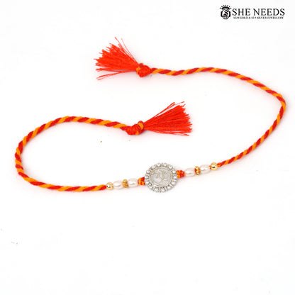 Om Divine 925 Silver Rakhi with Pearl Beads & Red-Yellow Thread