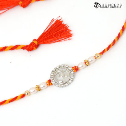 Om Divine 925 Silver Rakhi with Pearl Beads & Red-Yellow Thread
