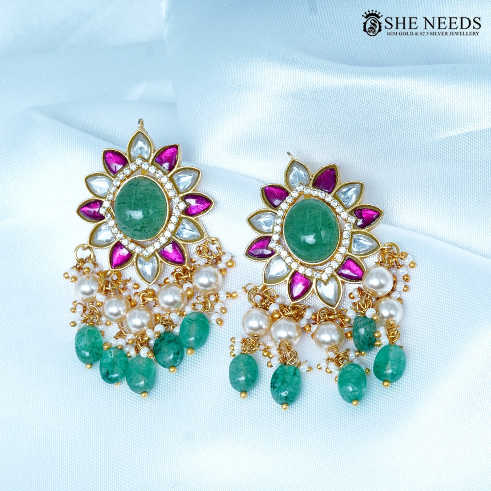 Emerald green kundan chandbali earrings with pearl and bead drops by She Needs Jewellery