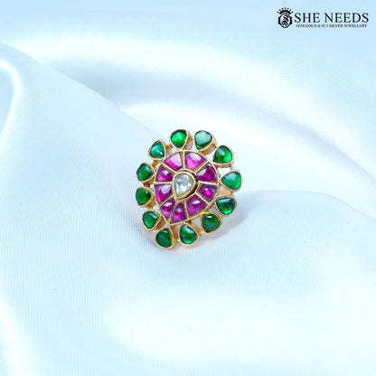 Green and pink kundan finger ring with center stone by She Needs Jewellery