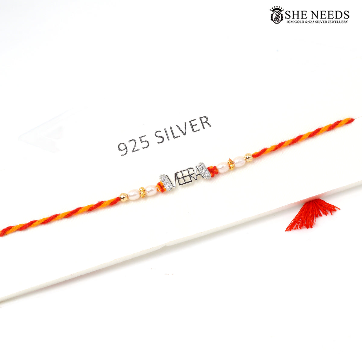 925 Silver VEERA (Brave) Rakhi with Pearl Beads & Red Yellow Thread