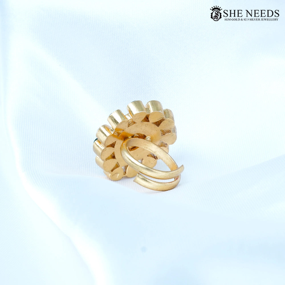 Green and pink kundan finger ring with center stone by She Needs Jewellery