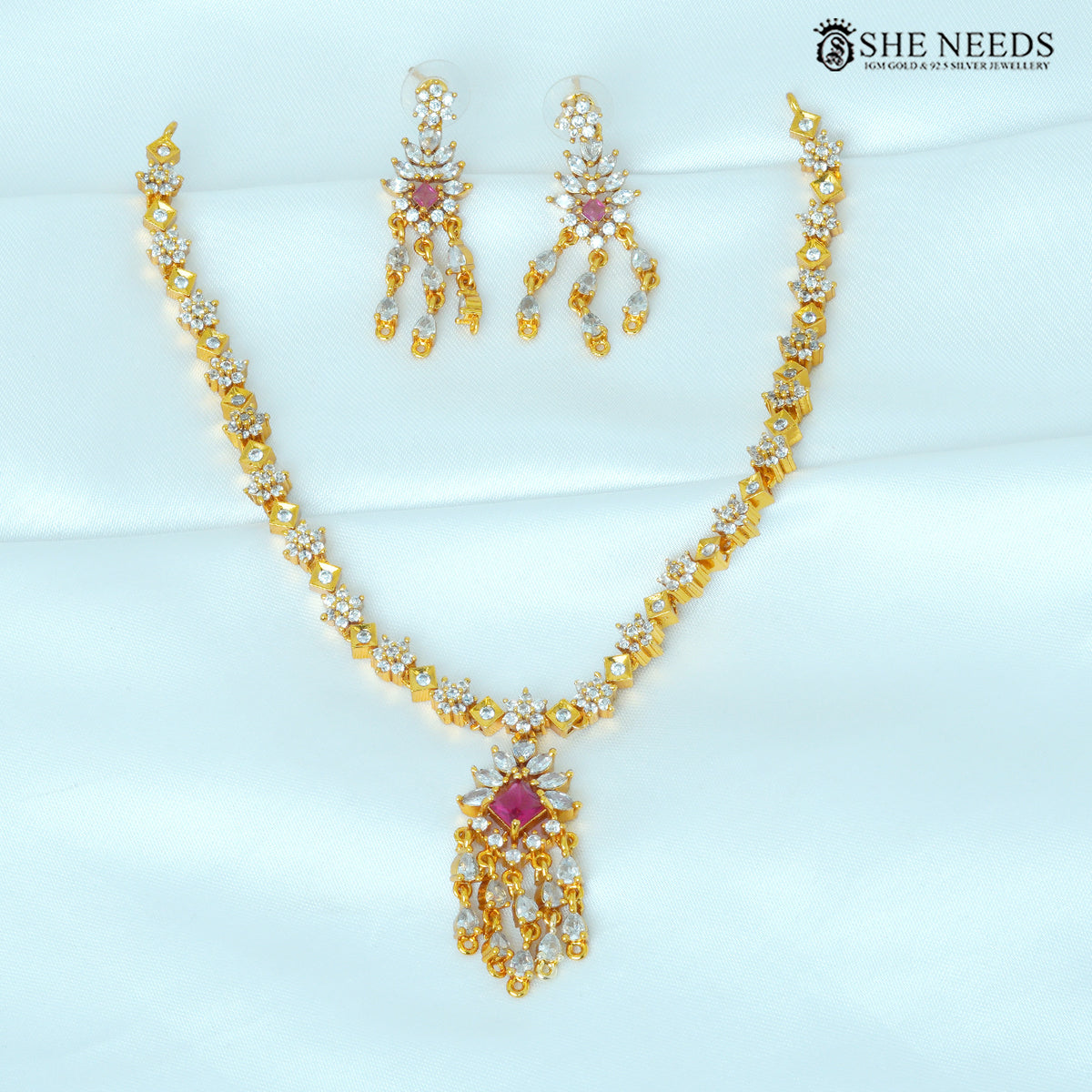 Navika Floral Crystal Pendant Necklace Set – Green & Pink
