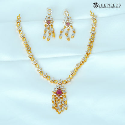 Navika Floral Crystal Pendant Necklace Set – Green & Pink