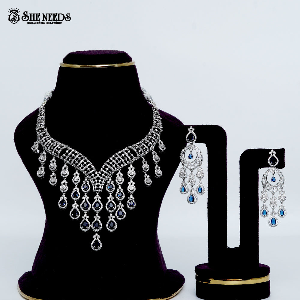 Royal cascade lattice rhodium silver statement necklace with drop design