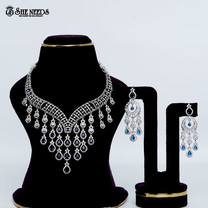 Royal cascade lattice rhodium silver statement necklace with drop design