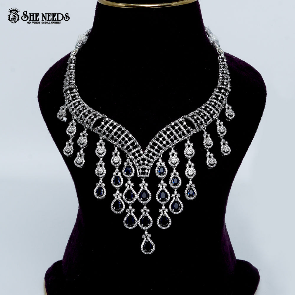 Royal cascade lattice rhodium silver statement necklace with drop design