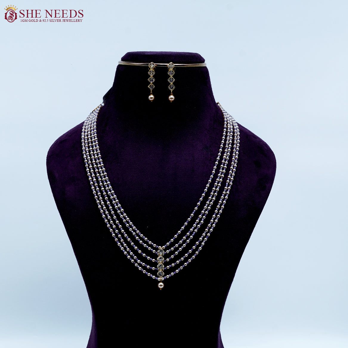Midnight pearl cascade beads necklace set by She Needs Jewellery multi strand traditional jewellery