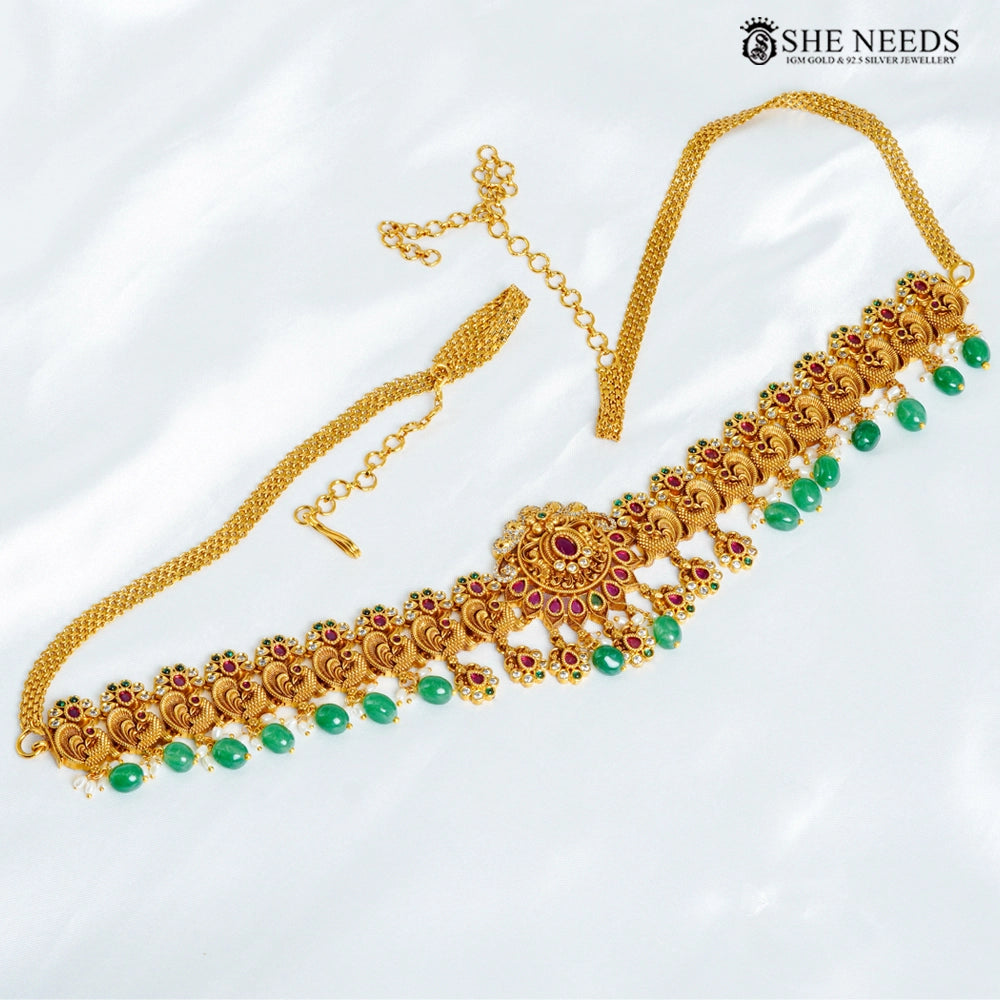 Temple style chain vaddanam with green beads – She Needs Jewellery