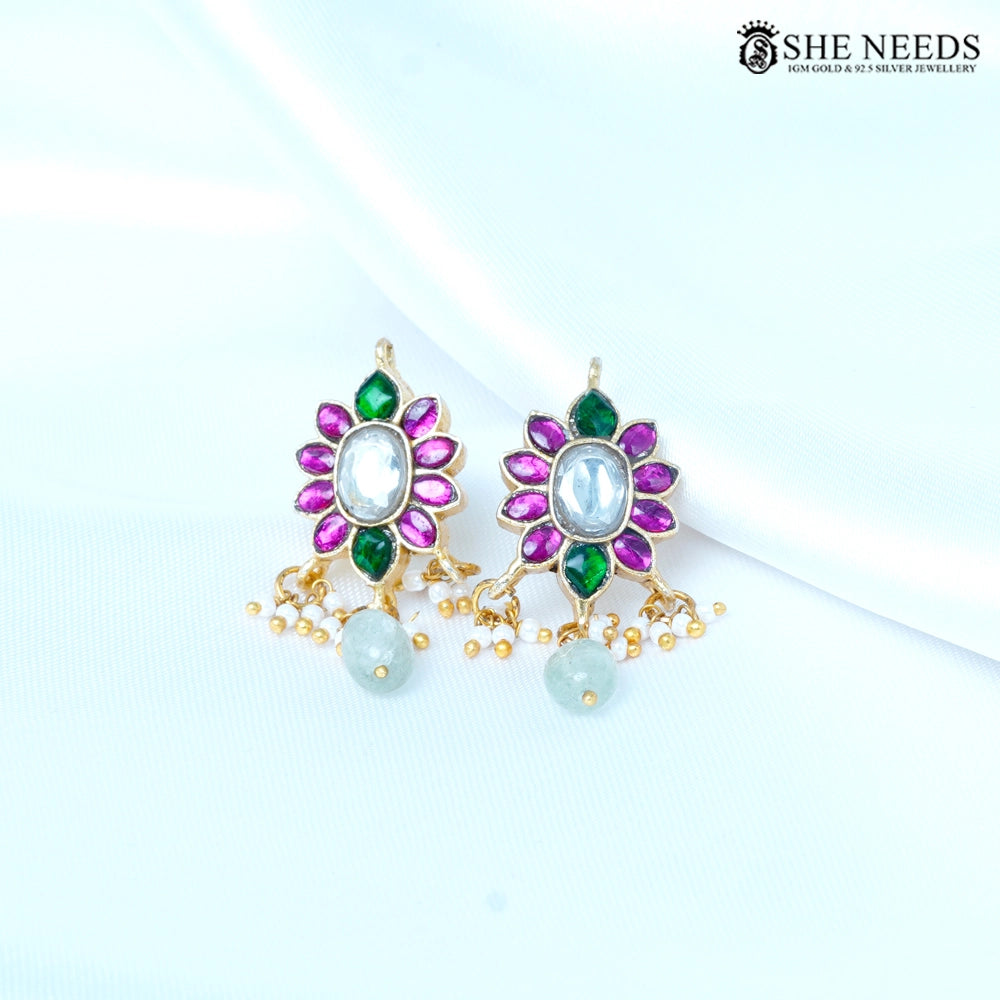 Pink Green Kundan Chandbali Earrings with Beads