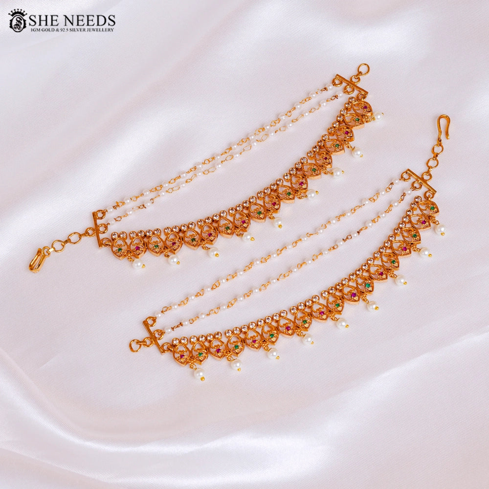 Traditional Champasaralu Ear Chain with Kundan Stones & Pearls
