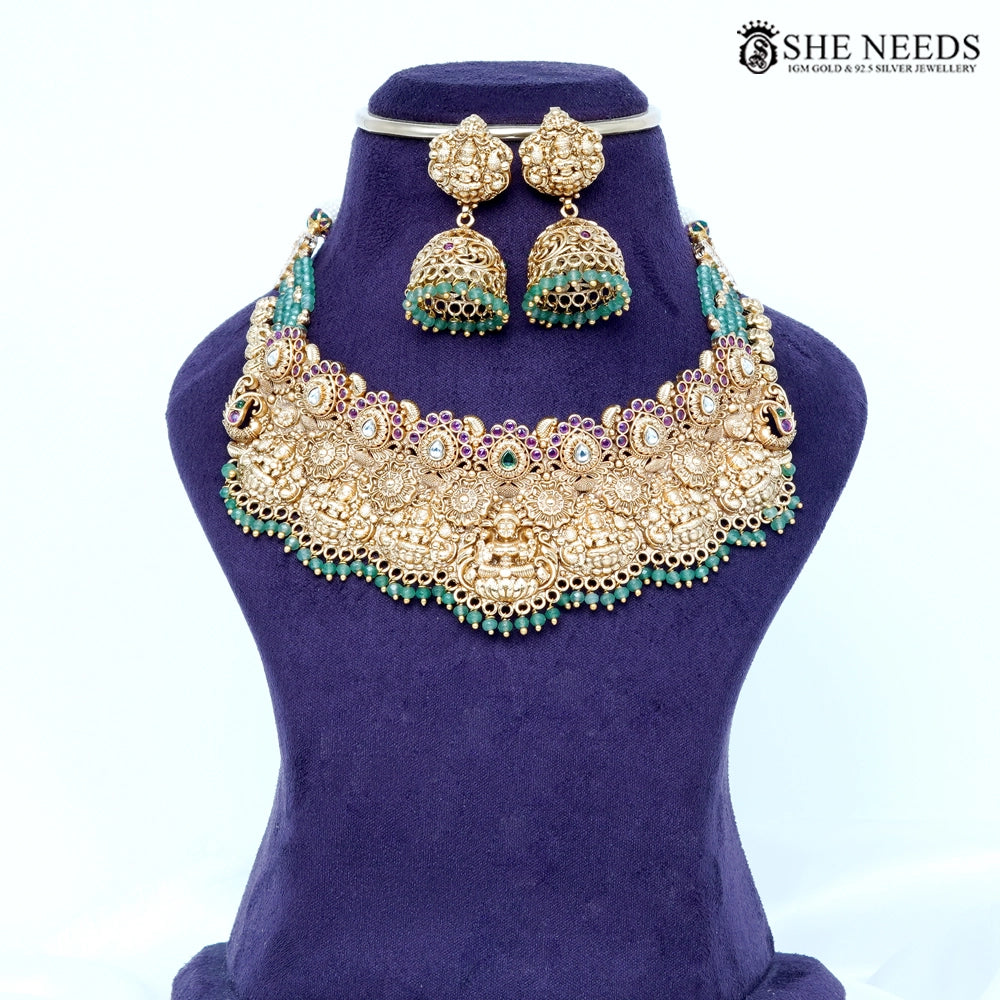 Temple Gold Lakshmi Choker Set with Green Beads