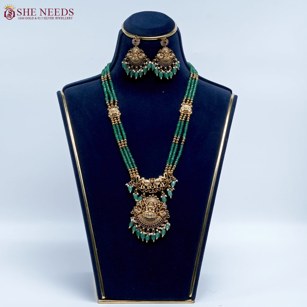 Emerald temple Lakshmi beads necklace set by She Needs Jewellery