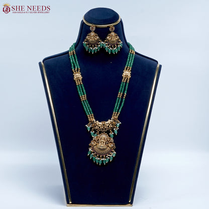 Emerald temple Lakshmi beads necklace set by She Needs Jewellery