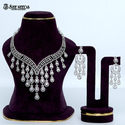Royal cascade lattice rhodium silver statement necklace with drop design