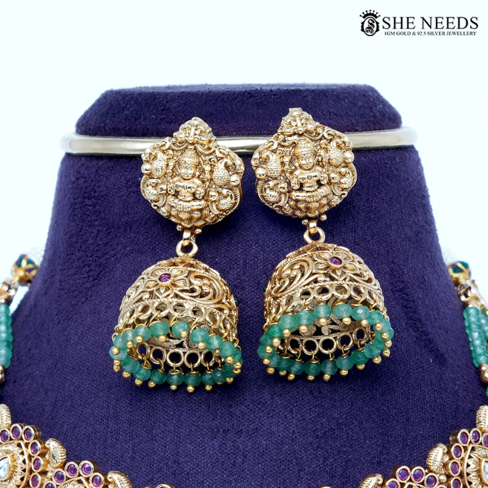Temple Gold Lakshmi Choker Set with Green Beads