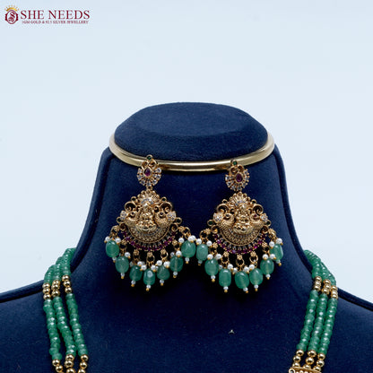 Emerald temple Lakshmi beads necklace set by She Needs Jewellery