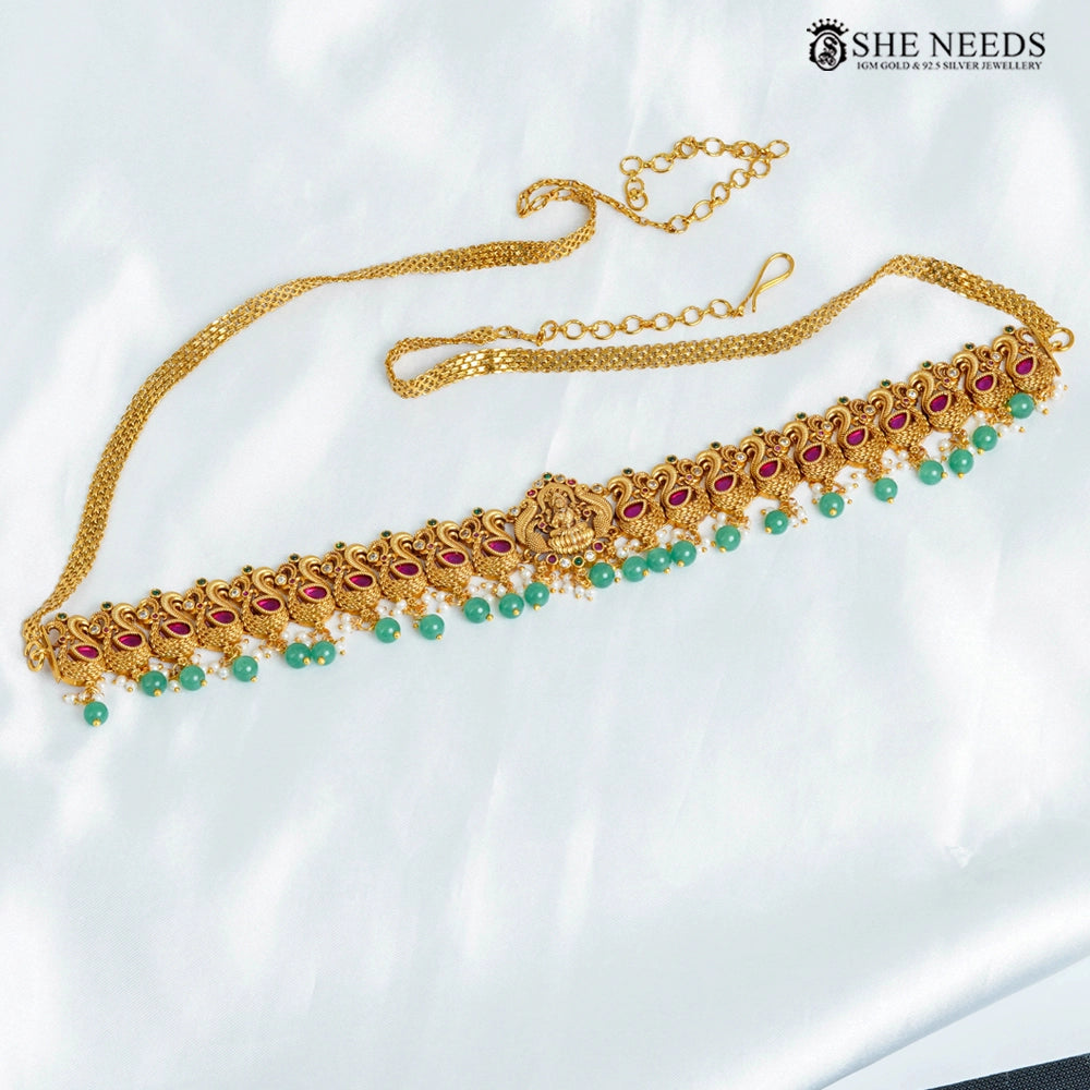 Lakshmi temple vaddanam with green beads – She Needs Jewellery