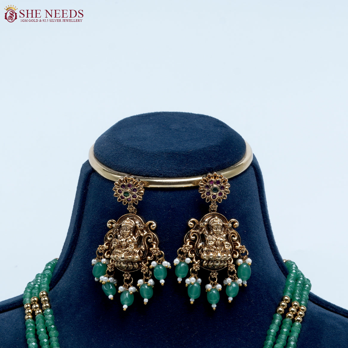 Emerald Lakshmi Grand Temple Beads Necklace Set
