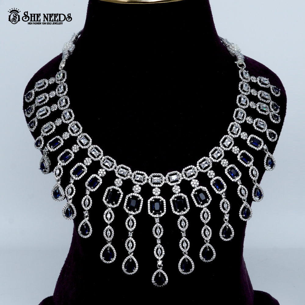 Imperial link cascade rhodium silver statement necklace with drop design