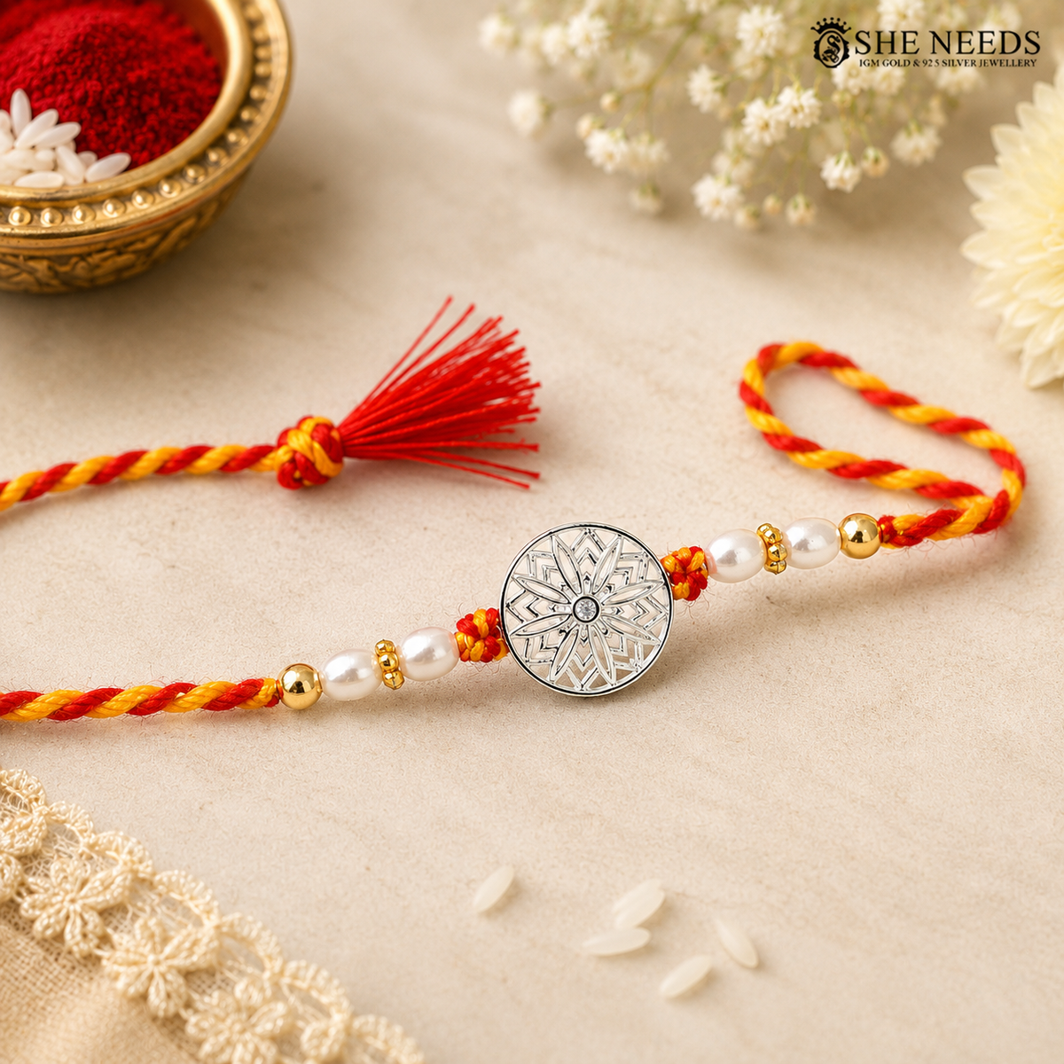 A traditional Indian Rakhi featuring a red and yellow braided cord, a red tassel, white faux pearls, gold spacer beads, and a central silver-toned circular medallion with an engraved floral pattern. The rakhi is displayed on a textured beige surface with decorative props including a bowl of red powder, white flowers, and a lace runner.