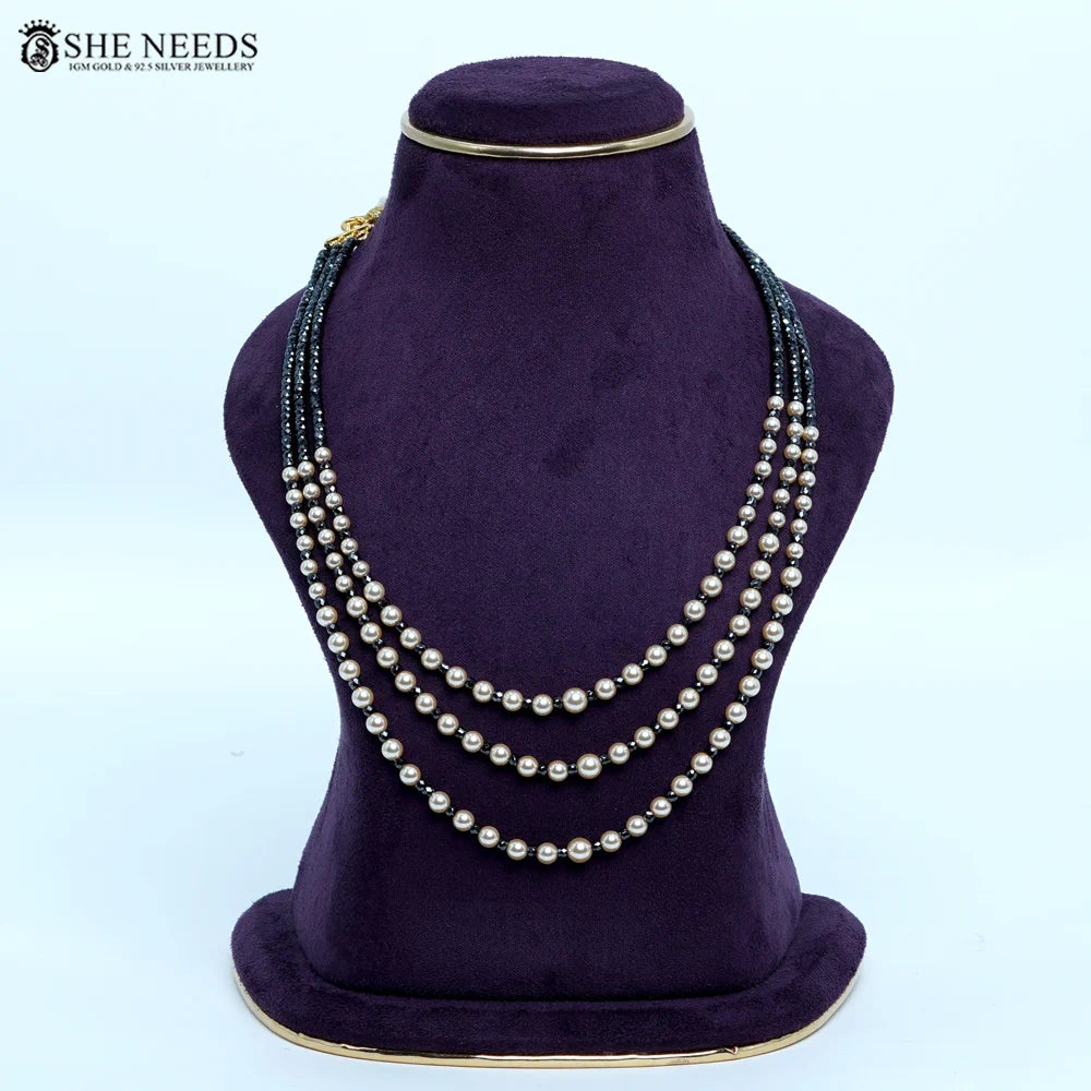 Classic Black Swarovski pearls with C.Z  Beads Chain Necklace