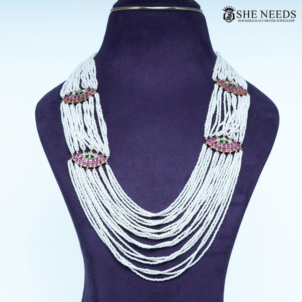 White multi-layer seed beads chain necklace with pink green stone motifs by She Needs Jewellery