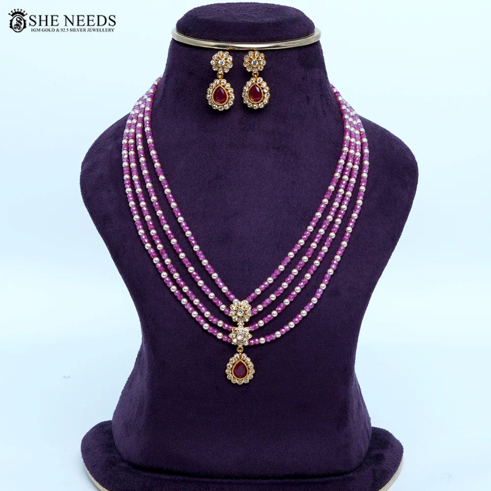 Pink CZ Beads with Swarovski Pearls & Pendant Chain Necklace