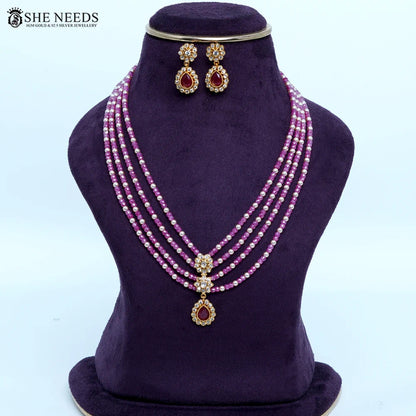Pink CZ beads chain necklace with Swarovski pearls and pendant by She Needs Jewellery