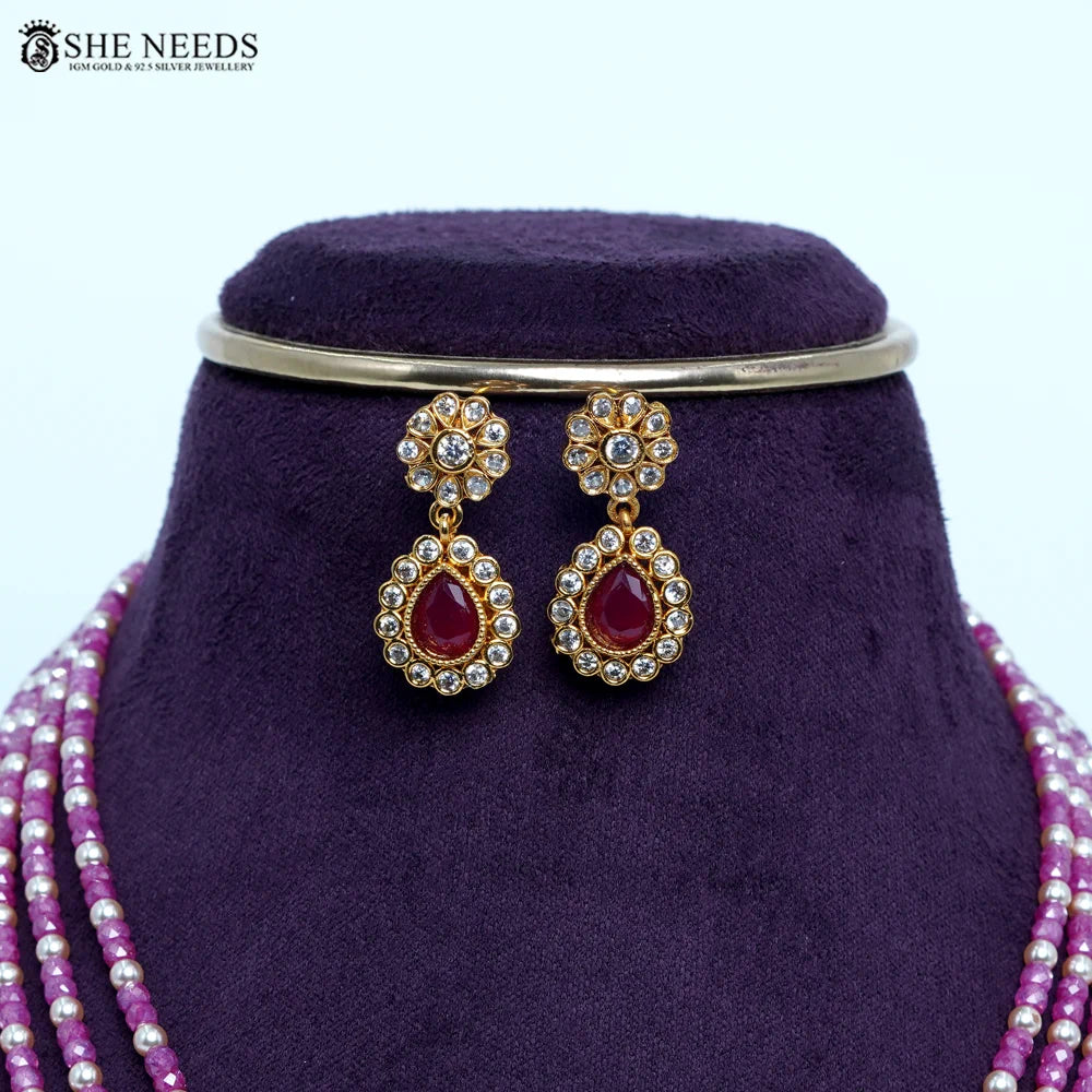 Pink CZ beads chain necklace with Swarovski pearls and pendant by She Needs Jewellery