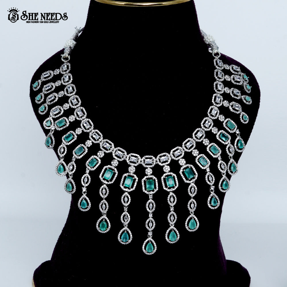 Imperial link cascade rhodium silver statement necklace with drop design