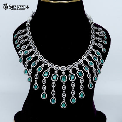 Imperial link cascade rhodium silver statement necklace with drop design