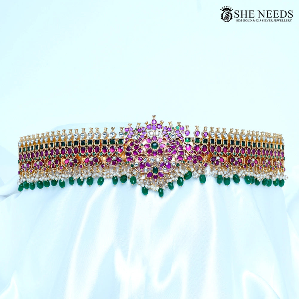 Royal Pink & Green CZ Bridal Vaddanam