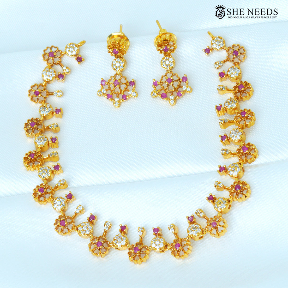 Ishita Floral Link Short Necklace Set – White, Pink, PinkGreen&White