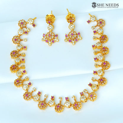 Ishita Floral Link Short Necklace Set – White, Pink, PinkGreen&White