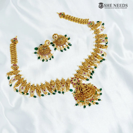 Antique Lakshmi Temple Long Haram with Green Beads